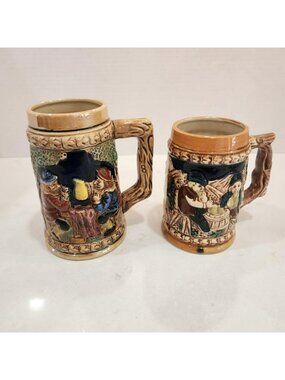 Vintage Ceramic Beer Steins Set of 2 Japan Tavern Scene Relief German Text Brown